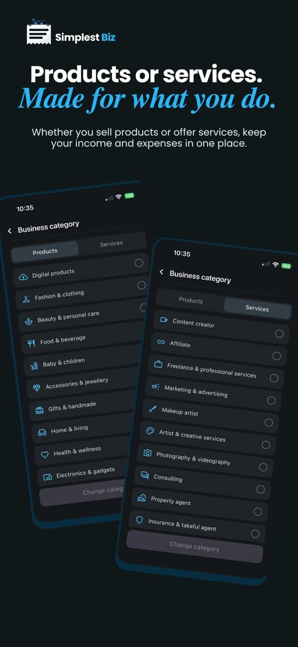 Categories for products and services businesses